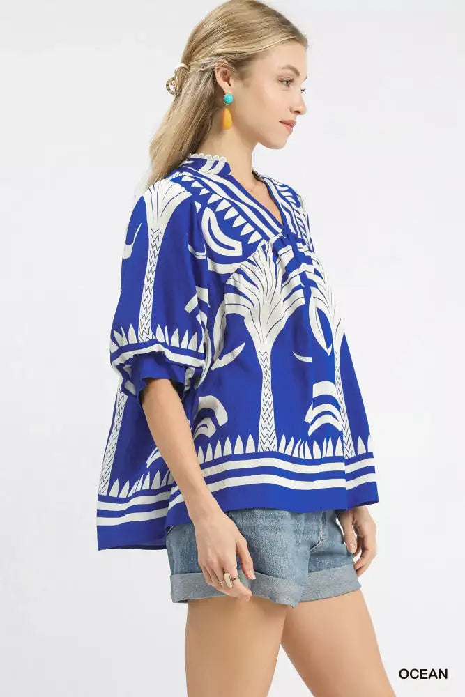 Umgee Folk Art Palm Print Puff Sleeve Blouse