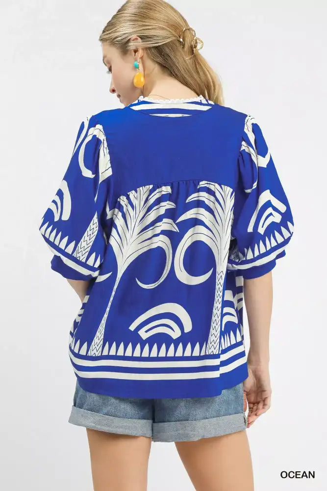 Umgee Folk Art Palm Print Puff Sleeve Blouse