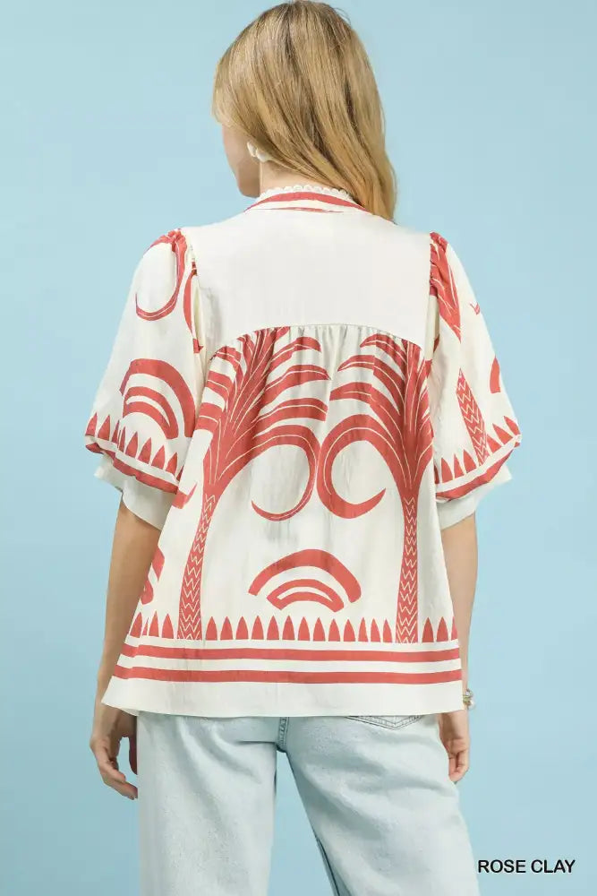 Umgee Folk Art Palm Print Puff Sleeve Blouse