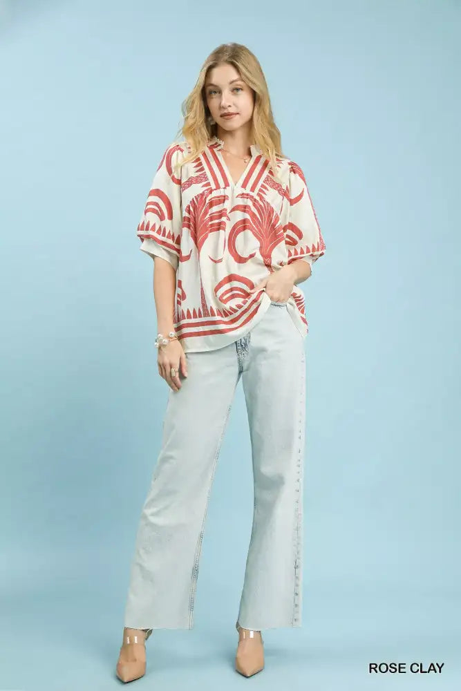 Umgee Folk Art Palm Print Puff Sleeve Blouse