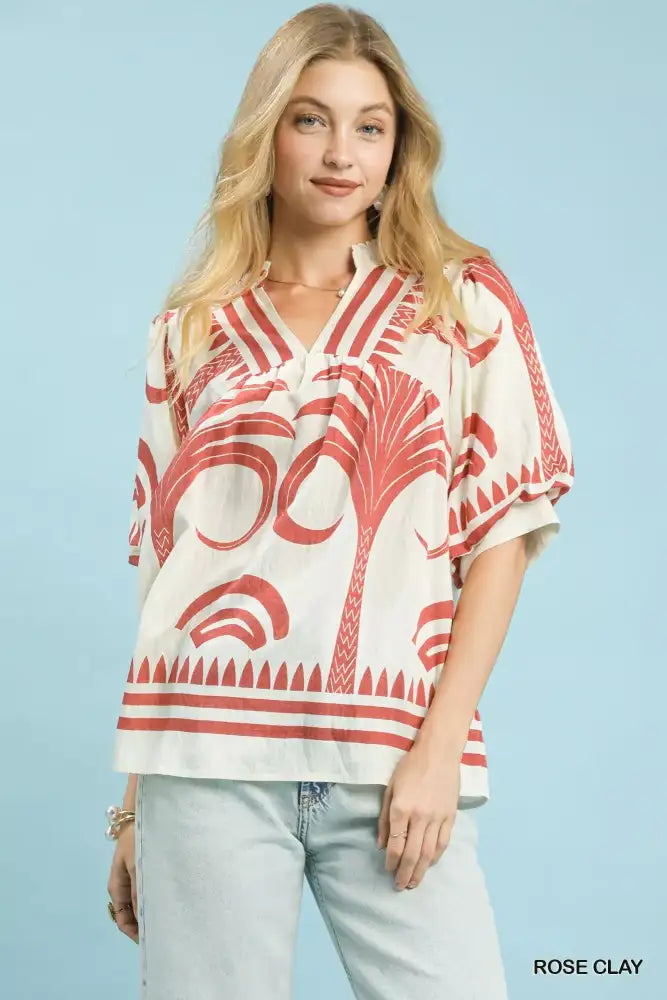 Umgee Folk Art Palm Print Puff Sleeve Blouse