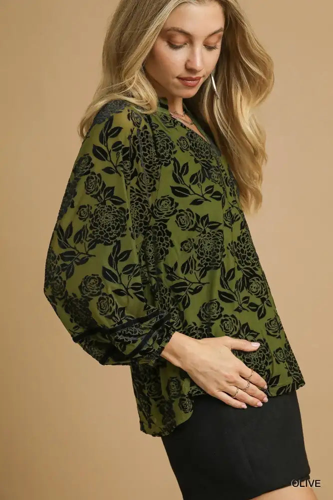 Umgee Full Size Floral Velvet Blouse with Balloon Sleeves Plus
