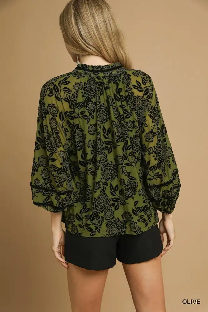 Umgee Full Size Floral Velvet Blouse with Balloon Sleeves Plus