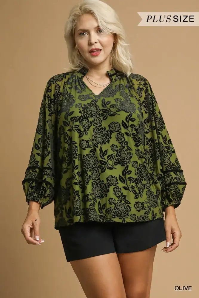 Umgee Full Size Floral Velvet Blouse with Balloon Sleeves Plus
