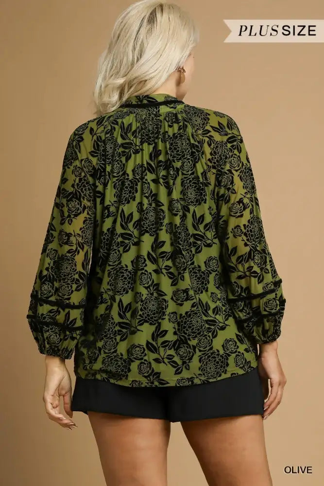 Umgee Full Size Floral Velvet Blouse with Balloon Sleeves Plus