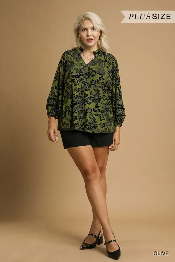 Umgee Full Size Floral Velvet Blouse with Balloon Sleeves Plus