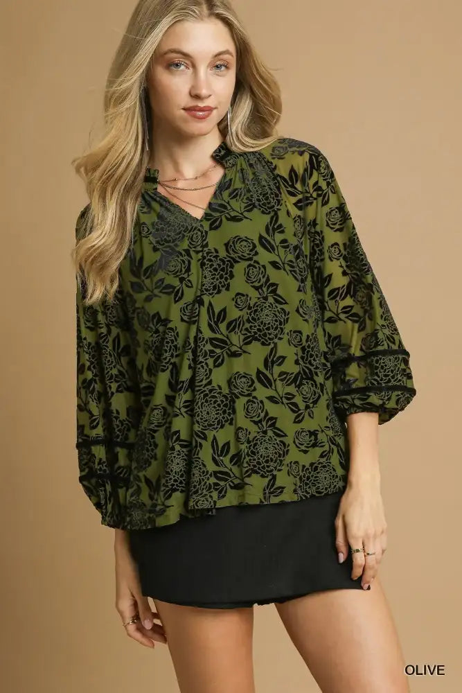 Umgee Full Size Floral Velvet Blouse with Balloon Sleeves Plus