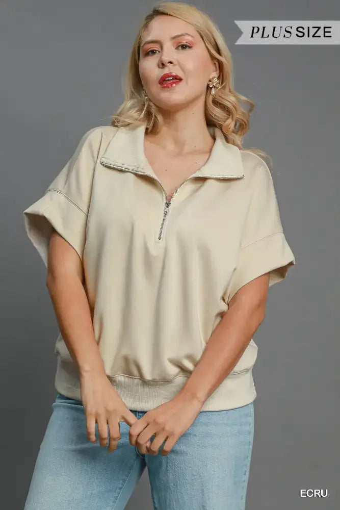 Umgee Full Size Half-Zip Short Sleeve Top Plus