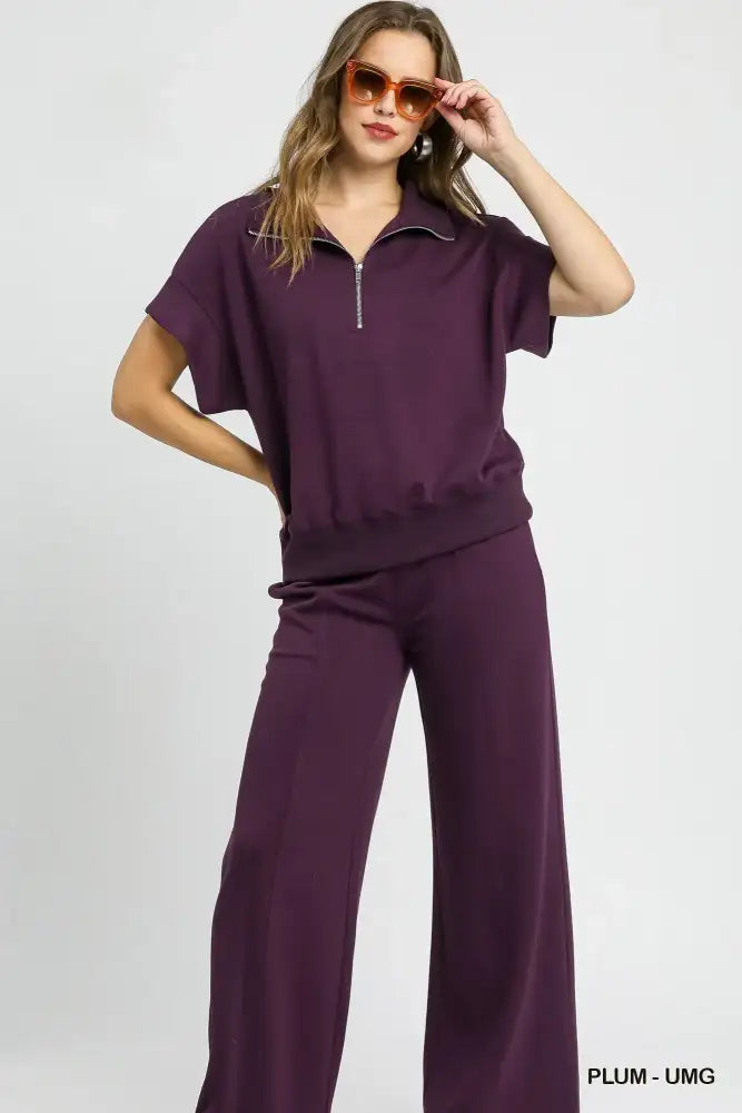 Umgee Full Size Half-Zip Short Sleeve Top Plus