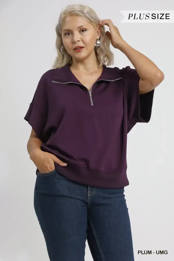 Umgee Full Size Half-Zip Short Sleeve Top Plus