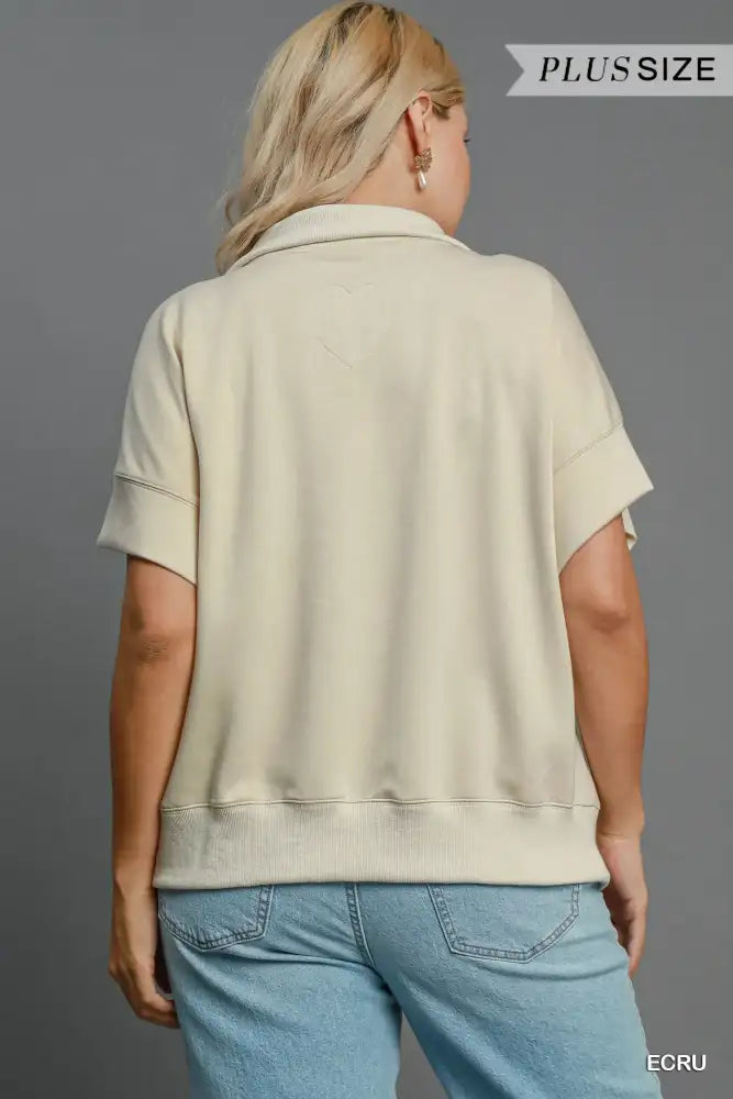 Umgee Full Size Half-Zip Short Sleeve Top Plus