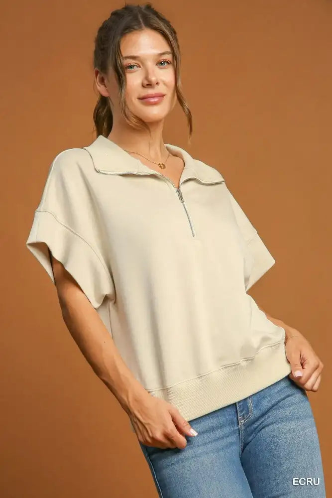 Umgee Full Size Half-Zip Short Sleeve Top Plus