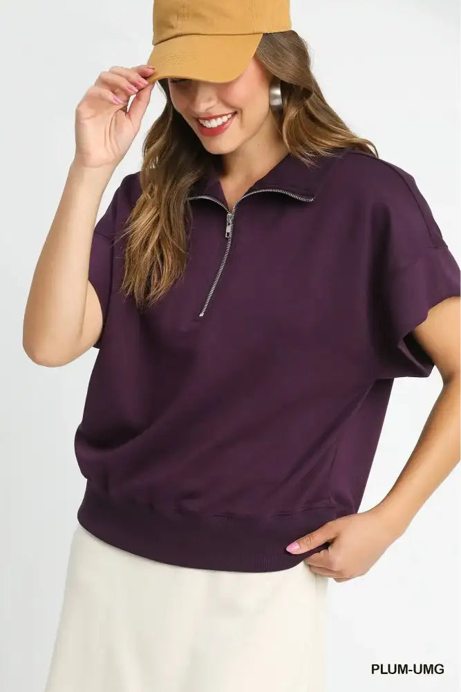 Umgee Full Size Half-Zip Short Sleeve Top Plus