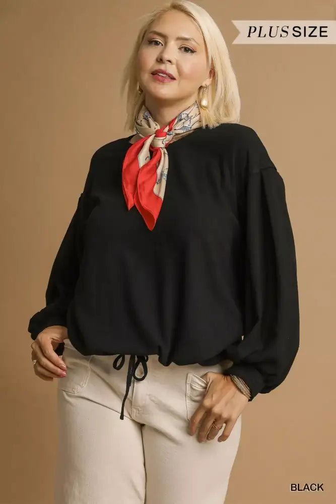 Umgee Full Size Linen Long Sleeve Top with Drawstring Plus