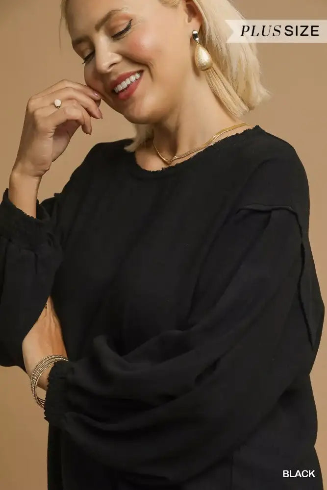 Umgee Full Size Linen Long Sleeve Top with Drawstring Plus