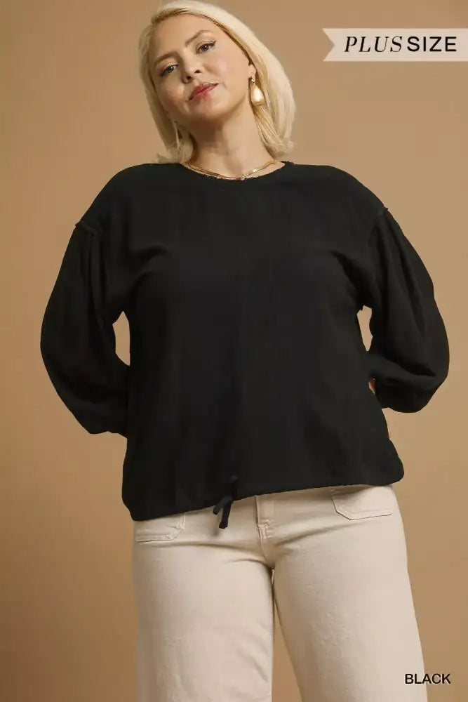 Umgee Full Size Linen Long Sleeve Top with Drawstring Plus
