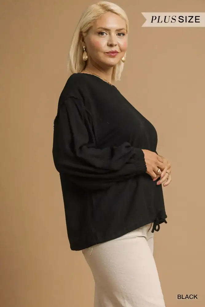 Umgee Full Size Linen Long Sleeve Top with Drawstring Plus