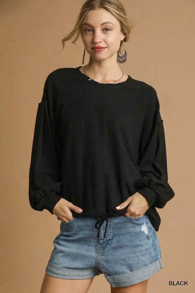 Umgee Full Size Linen Long Sleeve Top with Drawstring Plus
