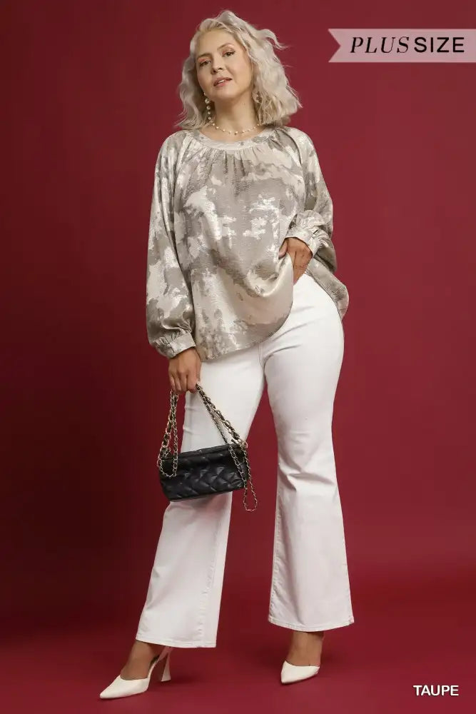 Umgee Full Size Metallic Fabric Blouse with Balloon Sleeves Plus