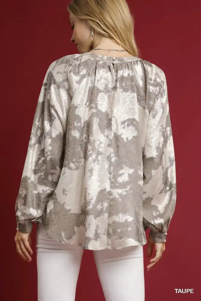 Umgee Full Size Metallic Fabric Blouse with Balloon Sleeves Plus
