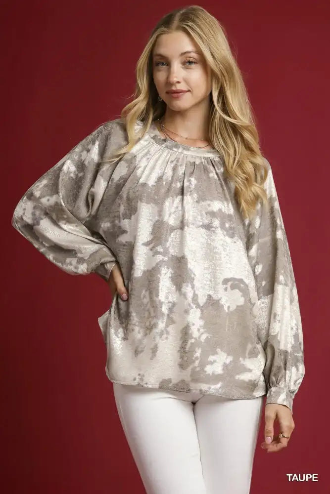 Umgee Full Size Metallic Fabric Blouse with Balloon Sleeves Plus