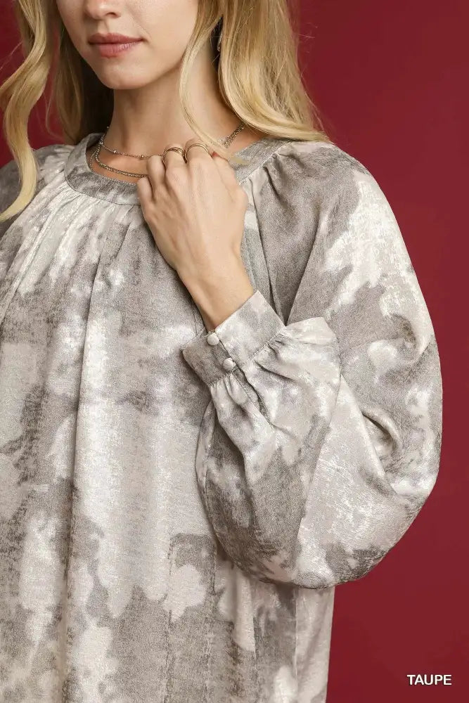 Umgee Full Size Metallic Fabric Blouse with Balloon Sleeves Plus