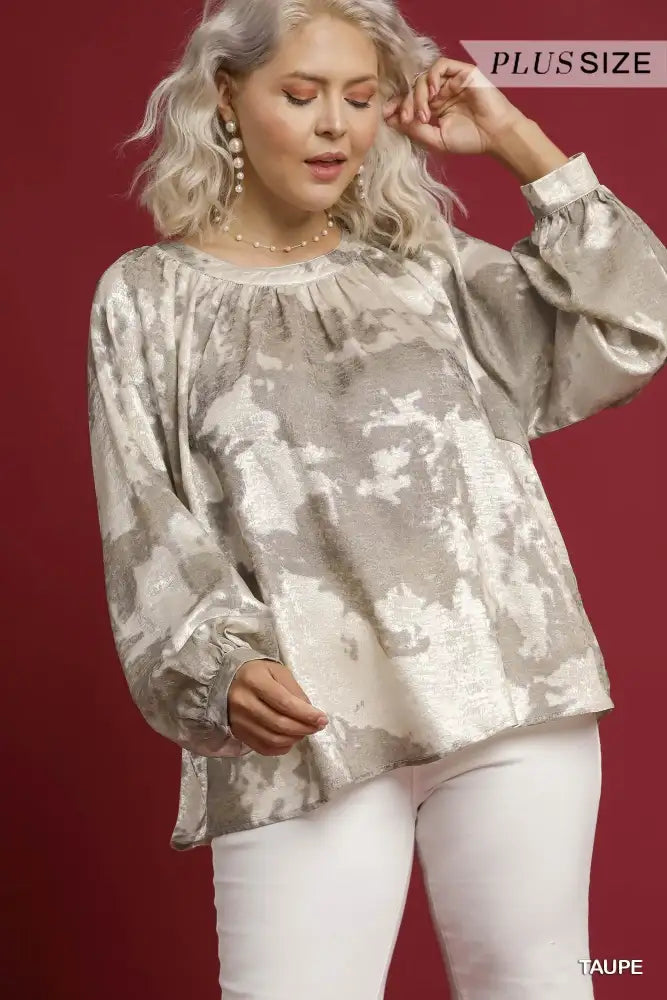 Umgee Full Size Metallic Fabric Blouse with Balloon Sleeves Plus