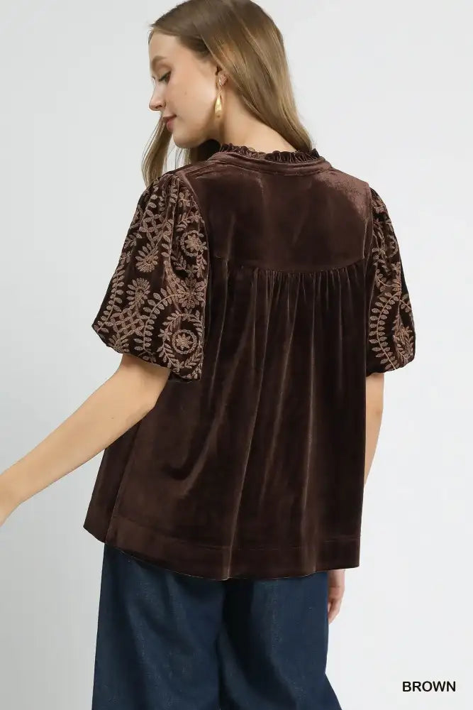 Umgee Full Size Velvet Embroidered Sleeve Blouse Plus