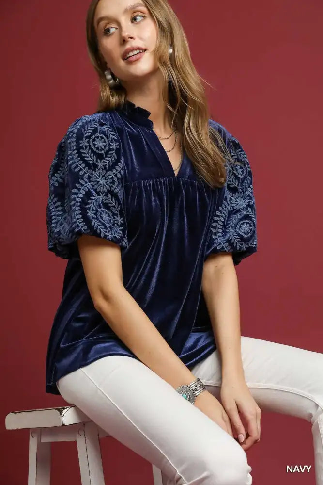 Umgee Full Size Velvet Embroidered Sleeve Blouse Plus