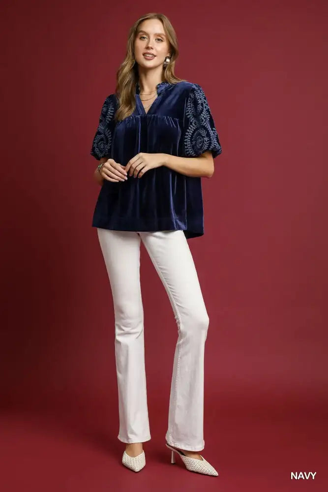 Umgee Full Size Velvet Embroidered Sleeve Blouse Plus