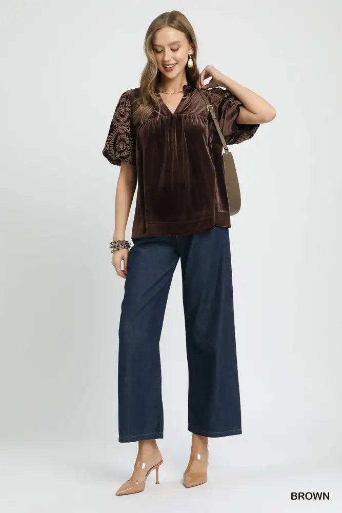 Umgee Full Size Velvet Embroidered Sleeve Blouse Plus