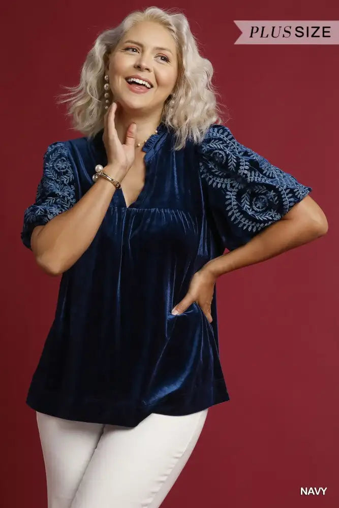 Umgee Full Size Velvet Embroidered Sleeve Blouse Plus