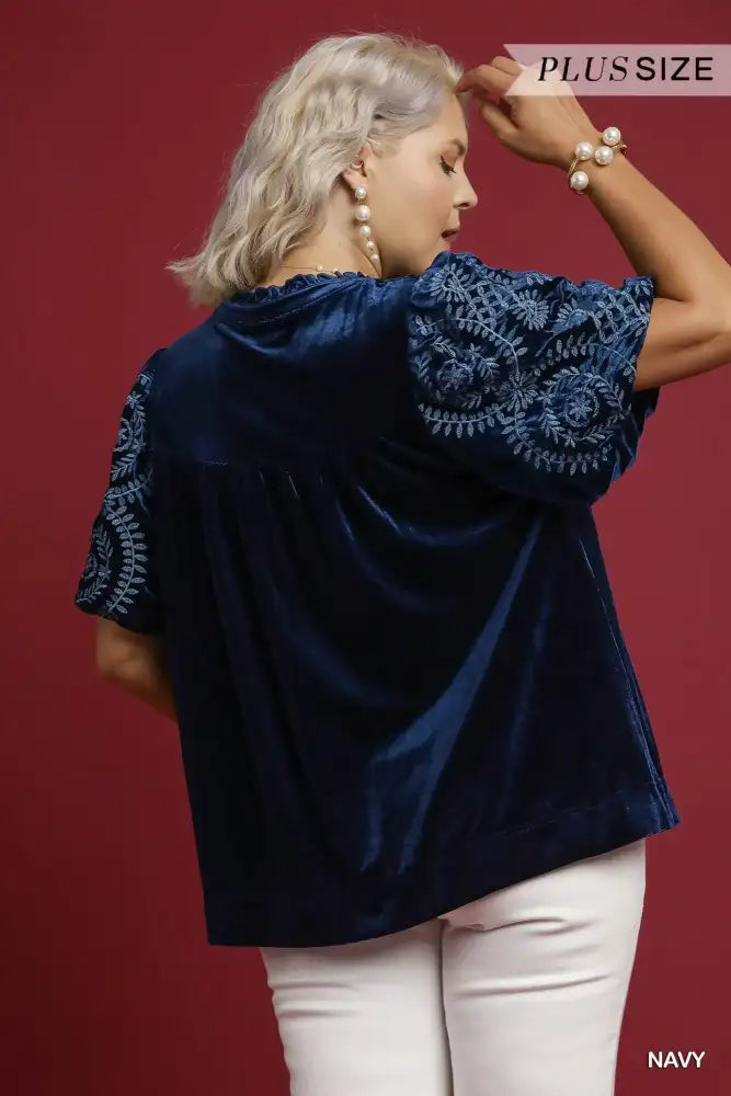 Umgee Full Size Velvet Embroidered Sleeve Blouse Plus