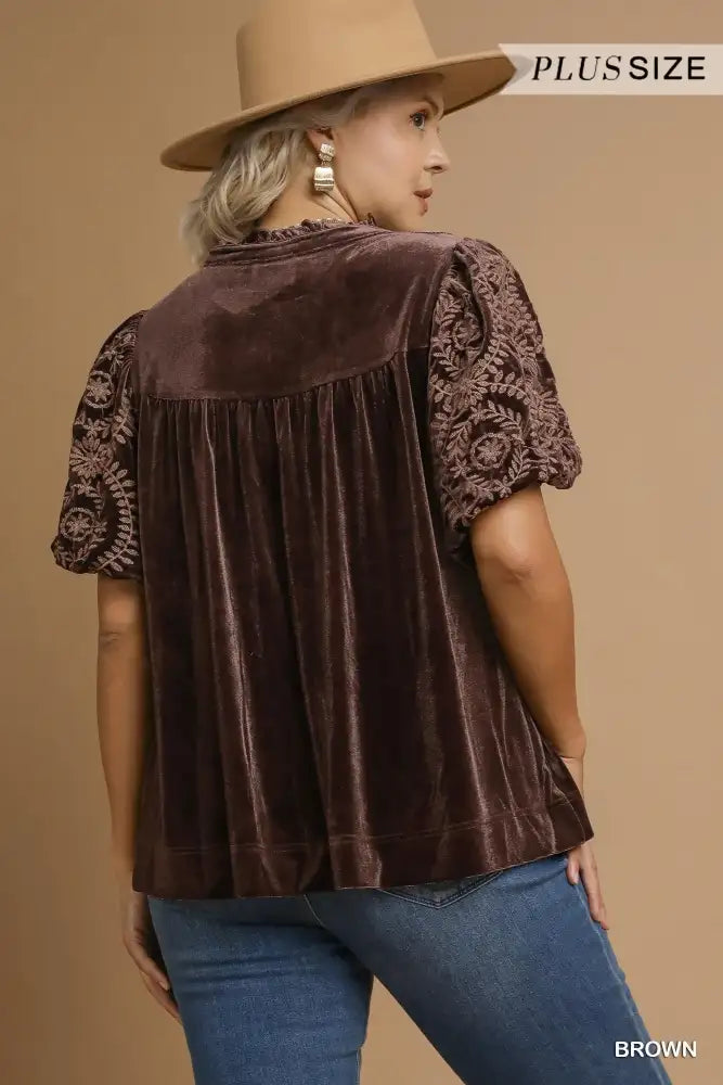 Umgee Full Size Velvet Embroidered Sleeve Blouse Plus