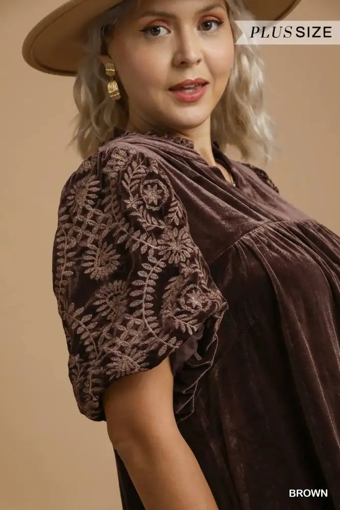 Umgee Full Size Velvet Embroidered Sleeve Blouse Plus