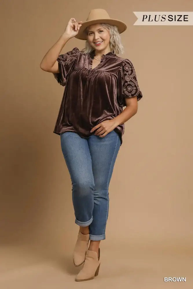 Umgee Full Size Velvet Embroidered Sleeve Blouse Plus
