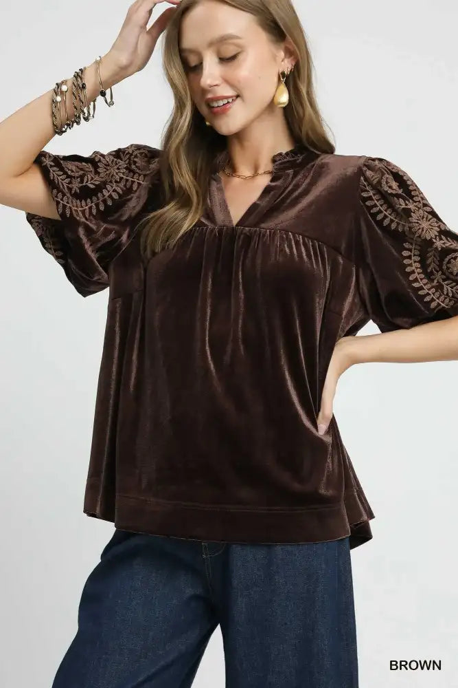 Umgee Full Size Velvet Embroidered Sleeve Blouse Plus