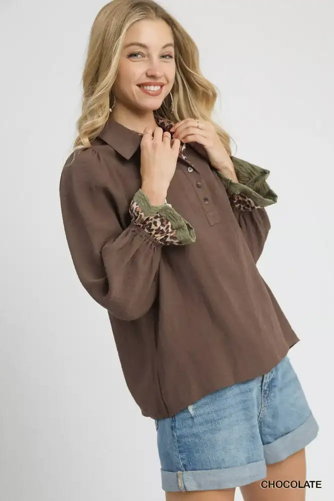 Umgee Half Button Blouse with Leopard Print Trim