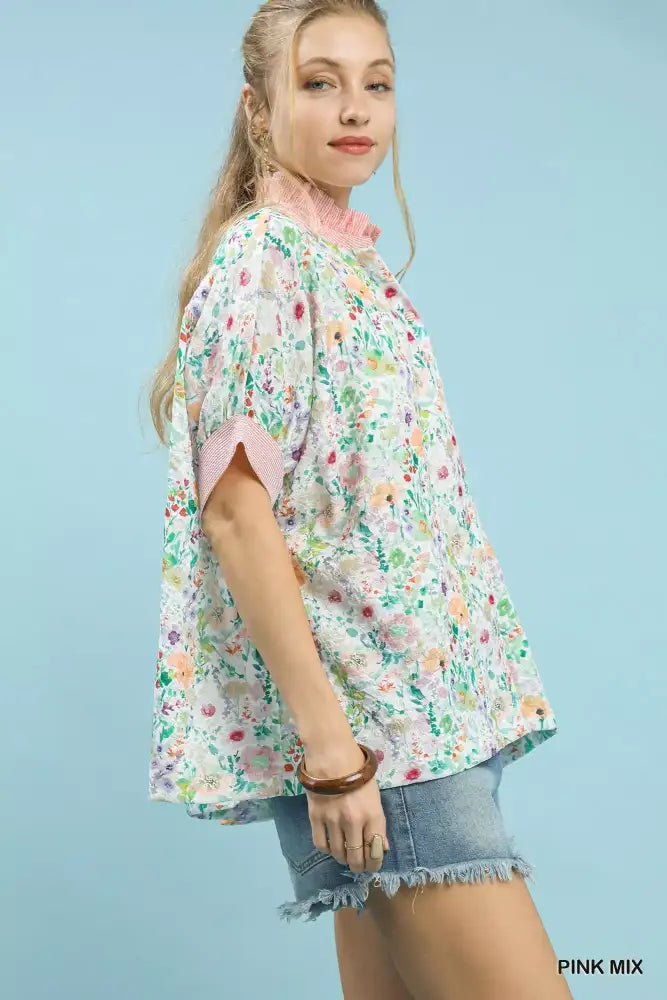 Umgee Jacquard Floral Print Button-Down Shirt
