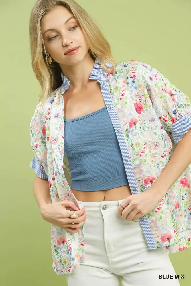 Umgee Jacquard Floral Print Button-Down Shirt