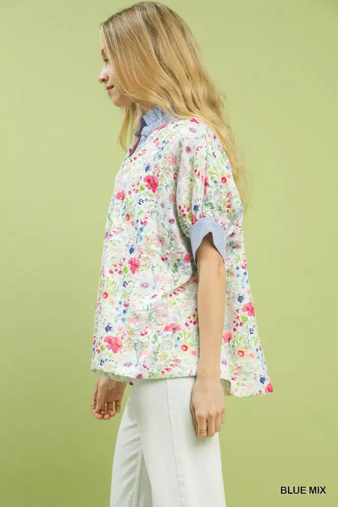 Umgee Jacquard Floral Print Button-Down Shirt