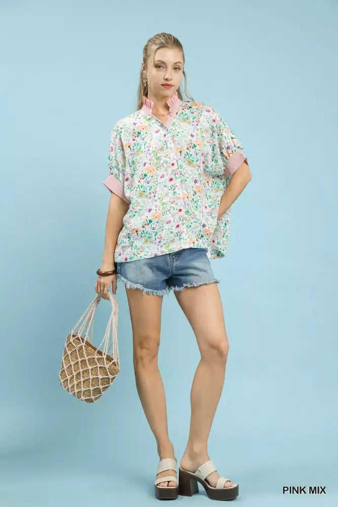 Umgee Jacquard Floral Print Button-Down Shirt