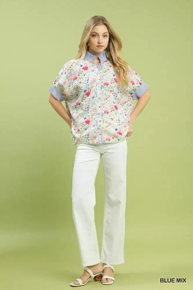 Umgee Jacquard Floral Print Button-Down Shirt