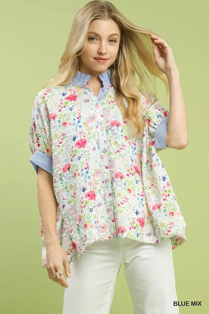 Umgee Jacquard Floral Print Button-Down Shirt