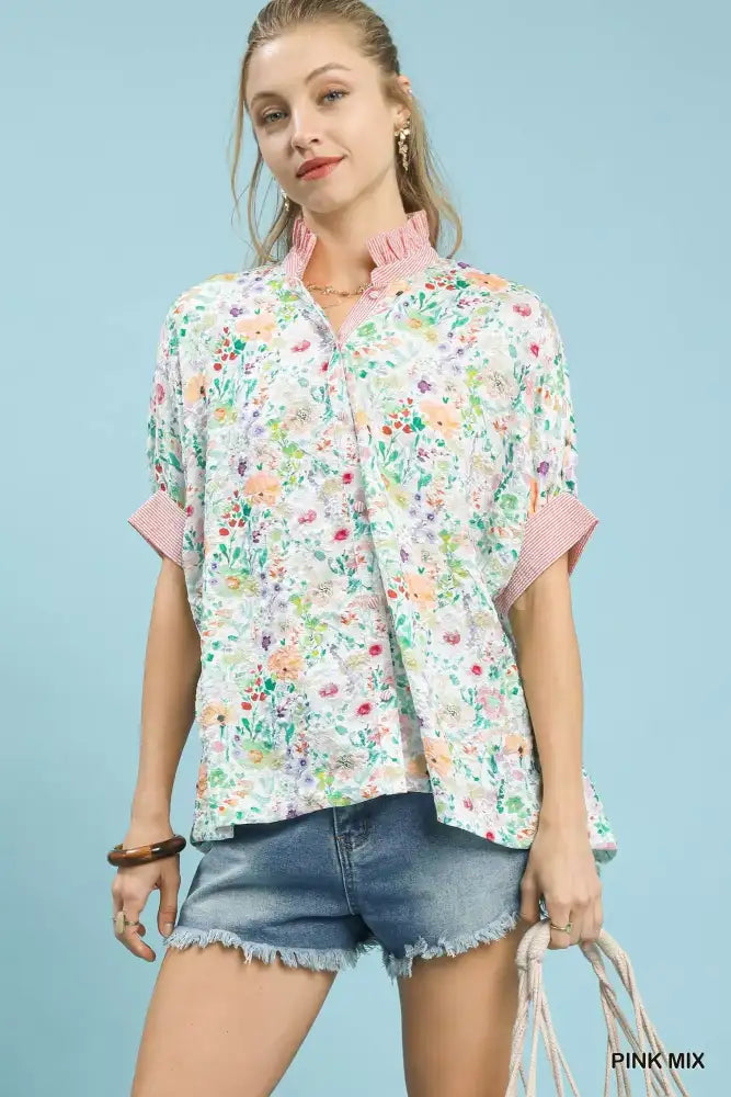 Umgee Jacquard Floral Print Button-Down Shirt