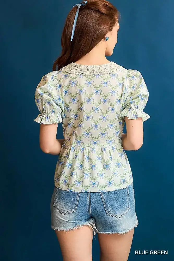 Umgee Lace Detail Bow Print Flounce Sleeve Blouse