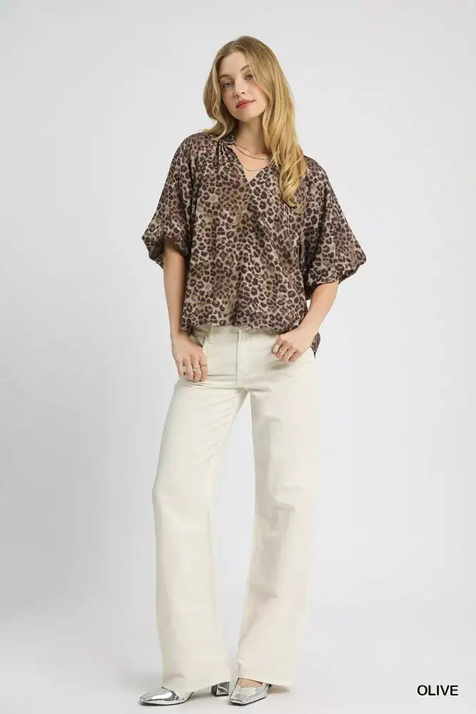 Umgee Leopard Bubble Sleeve Scalloped Hem Blouse