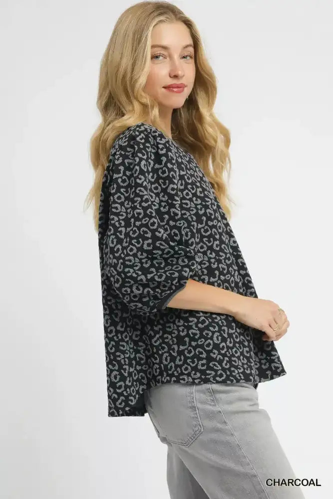 Umgee Leopard Print Jacquard Blouse with Puff Sleeves