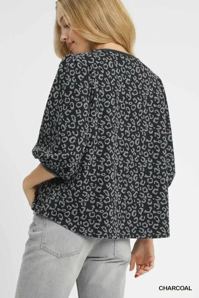 Umgee Leopard Print Jacquard Blouse with Puff Sleeves