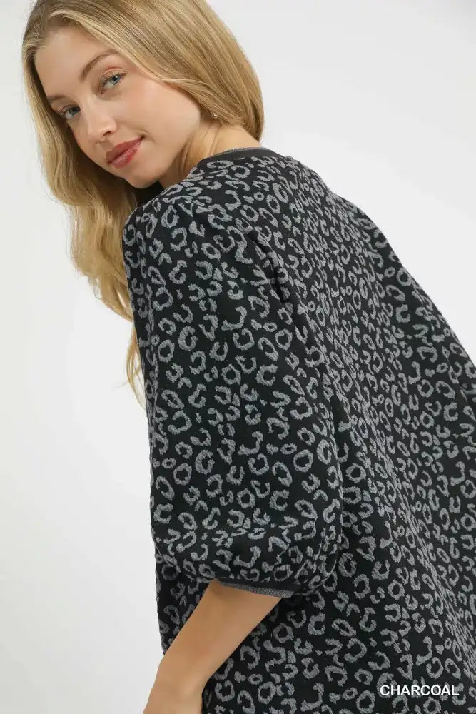 Umgee Leopard Print Jacquard Blouse with Puff Sleeves